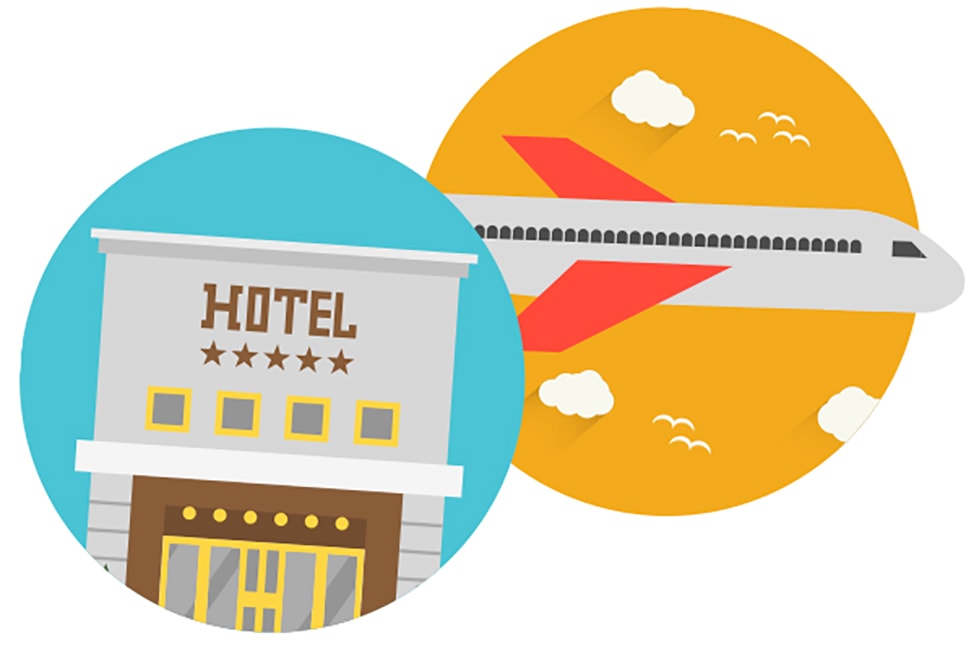 Drawing of hotel and an airplane