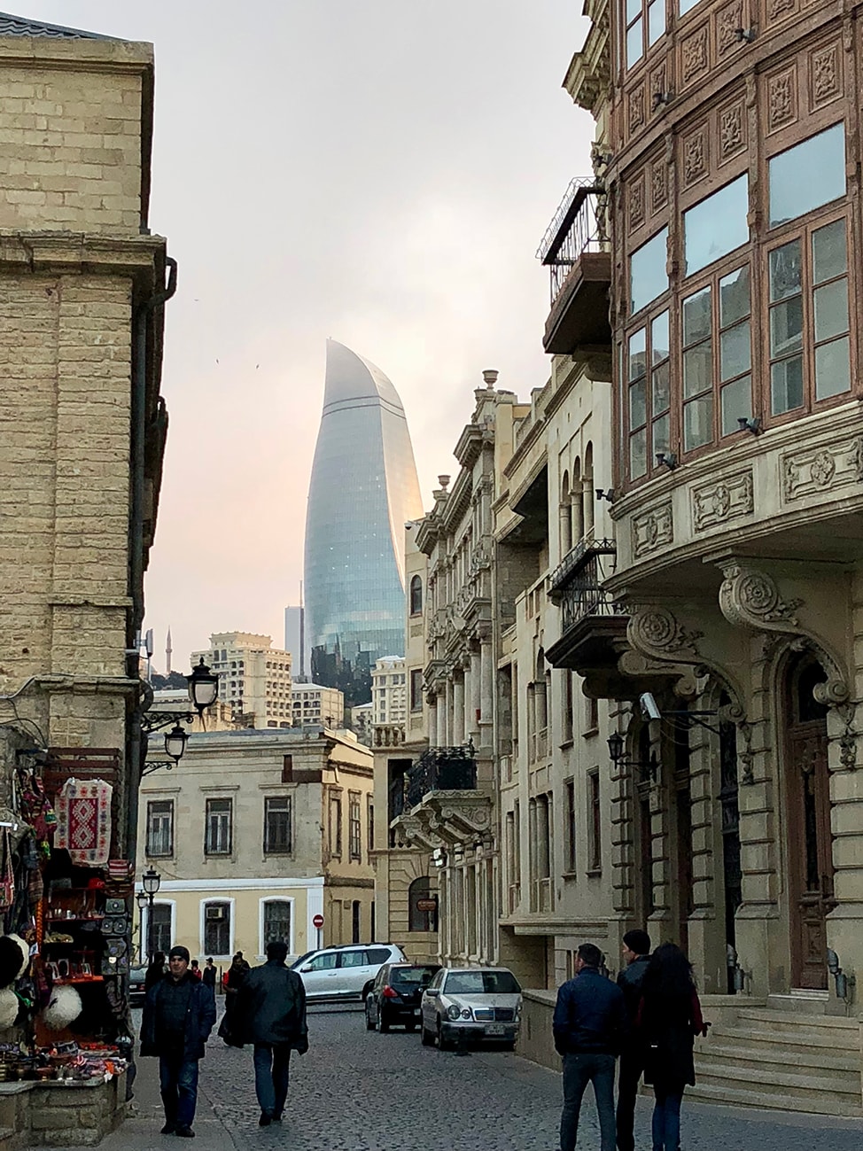 View of Baku's flame towers from the old town 