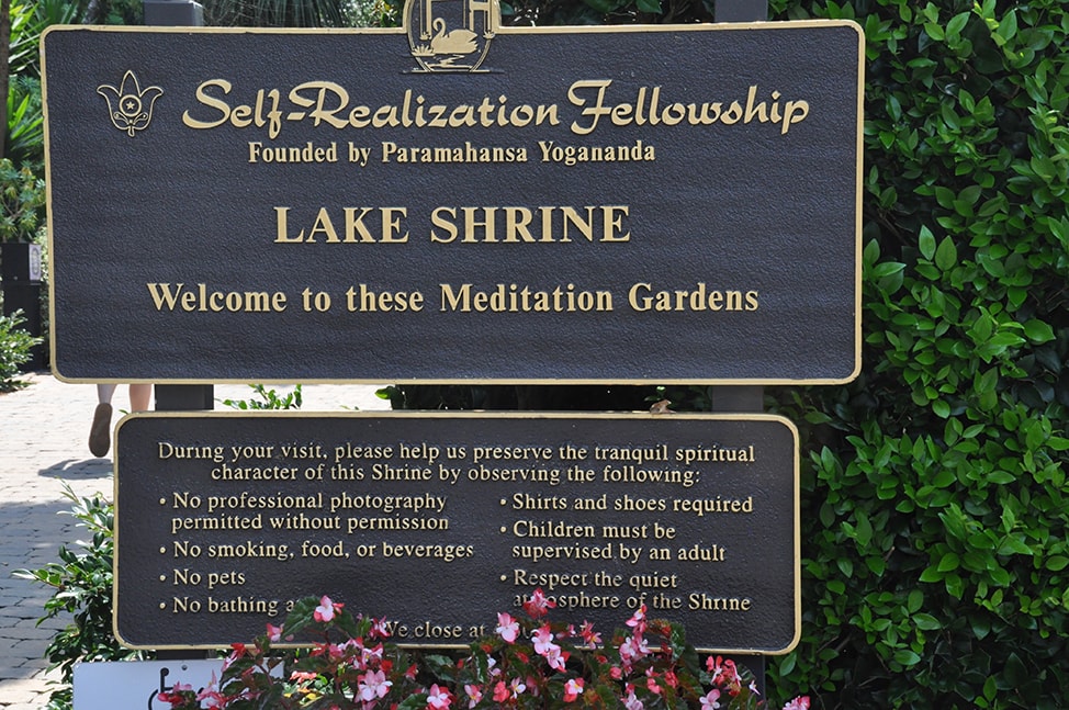 The sign welcoming you to the Self-Realization Fellowship Lake Shrine in Malibu