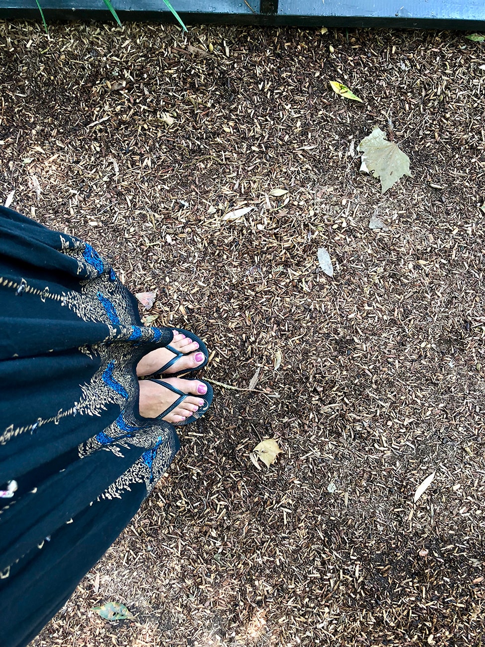 Pink painted toes and my Indian skirt on the path to a peaceful afternoon at the Lake Shrine.