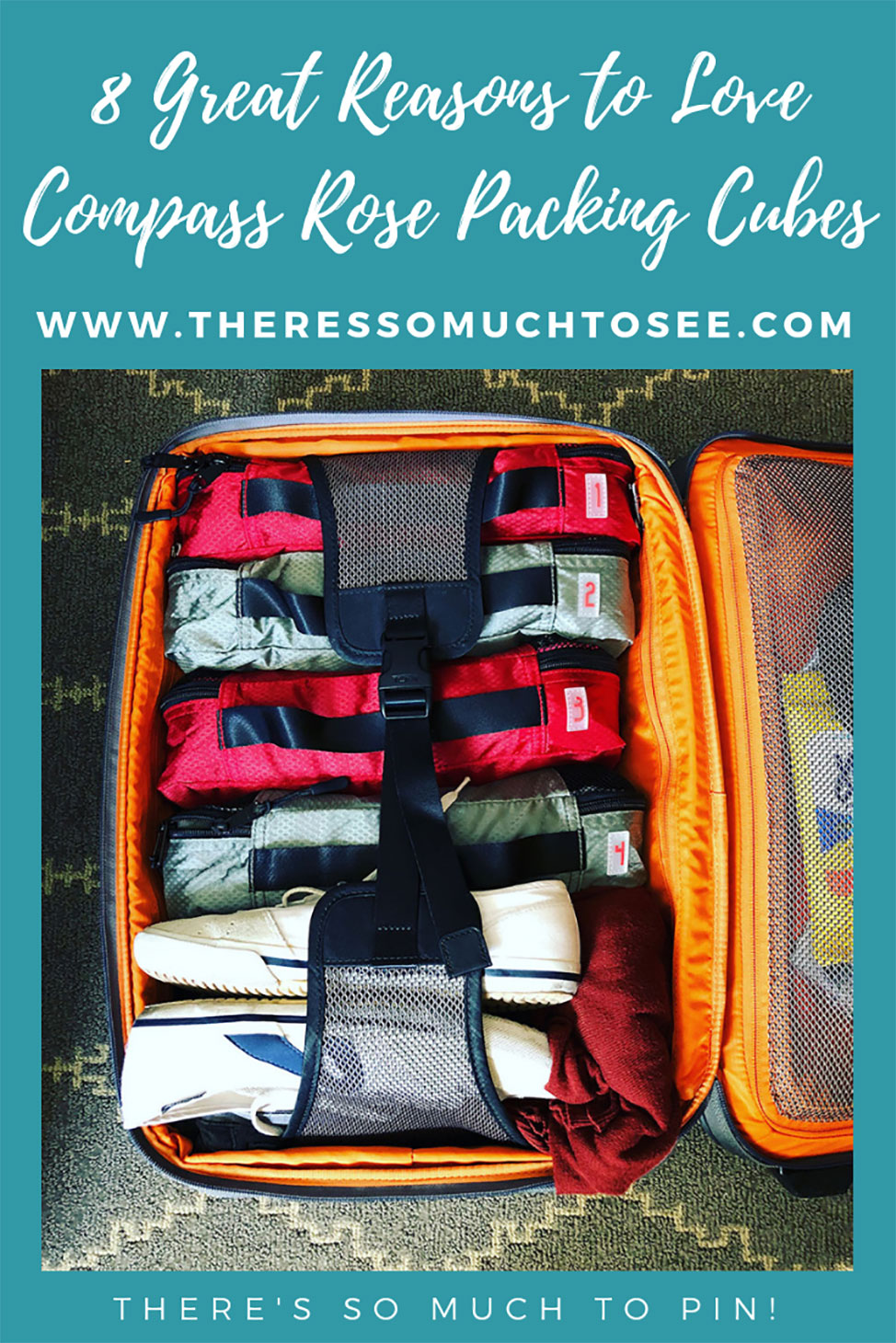 Pinnable image of Compass Rose Packing Cubes in a orange Tumi Roll Aboard suitcase