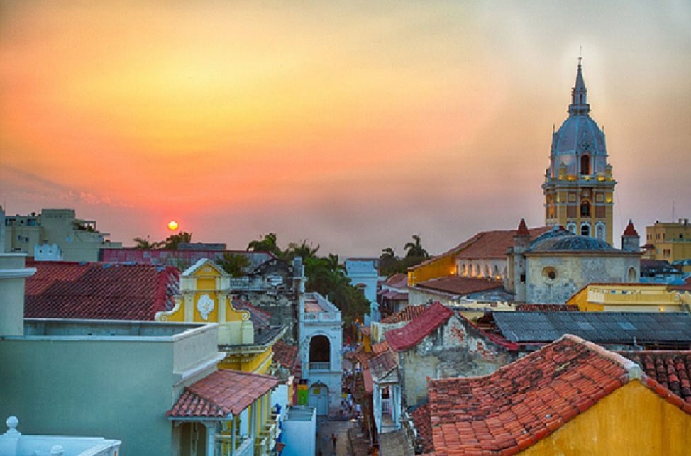 Sunset over the colorful colonial buildings of Colombia
