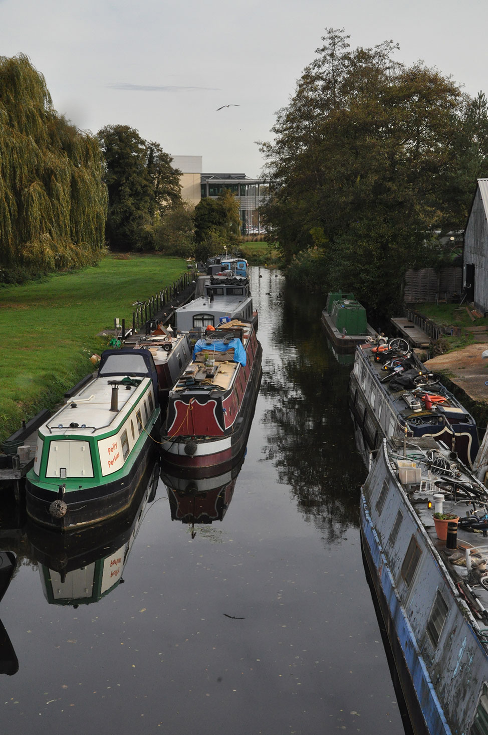 View from above of houseboats along the Grand Union Canal in Uxbbridge, UK