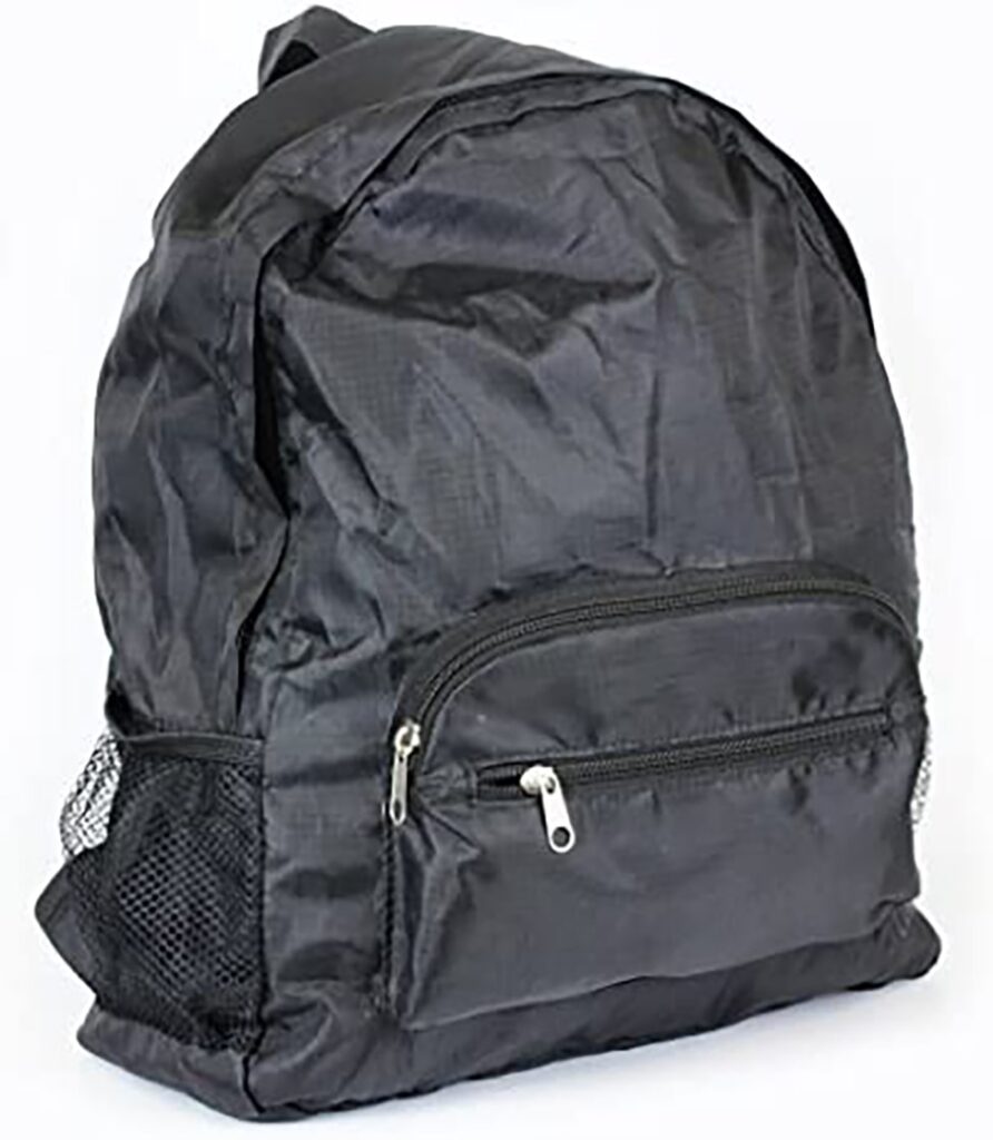  Black light-weight backpack with silver zippers.